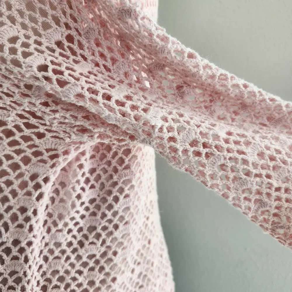 Vintage Y2K Croft & Barrow Pink Crochet Knit Boho Chic 3/4 Sleeve Top L